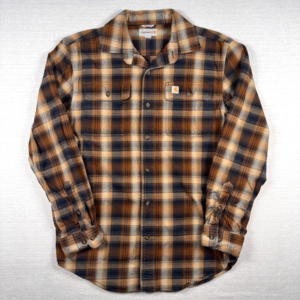 Carhartt Original Fit Flannel Shirt Mens Size S Brown Plaid Cotton Long Sleeve